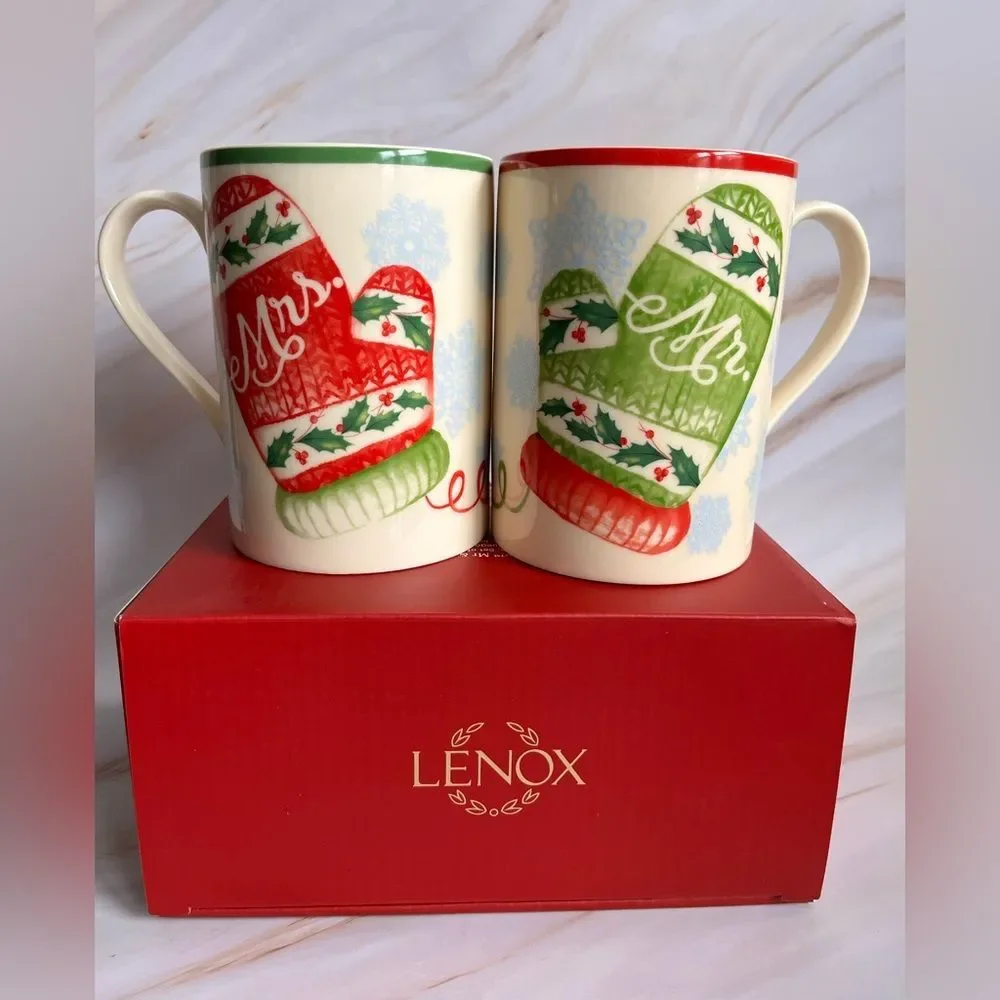 2 Sets Lenox Holiday Mr. & Mrs Graphic Porcelain Mugs